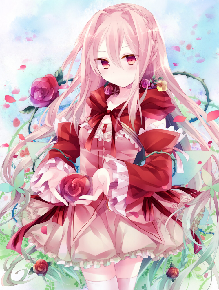 braid, detached_sleeves, flower, frilled_skirt, hood, ibara_riato, leaf, long_hair