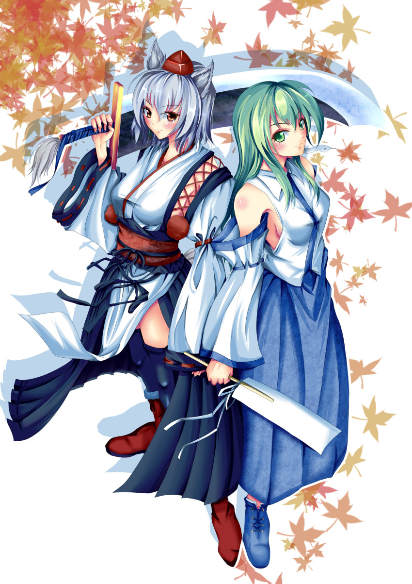 absurdres, animal_ears, autumn_leaves, azusayumi_meme, blue_legwear, blush, boots, breasts