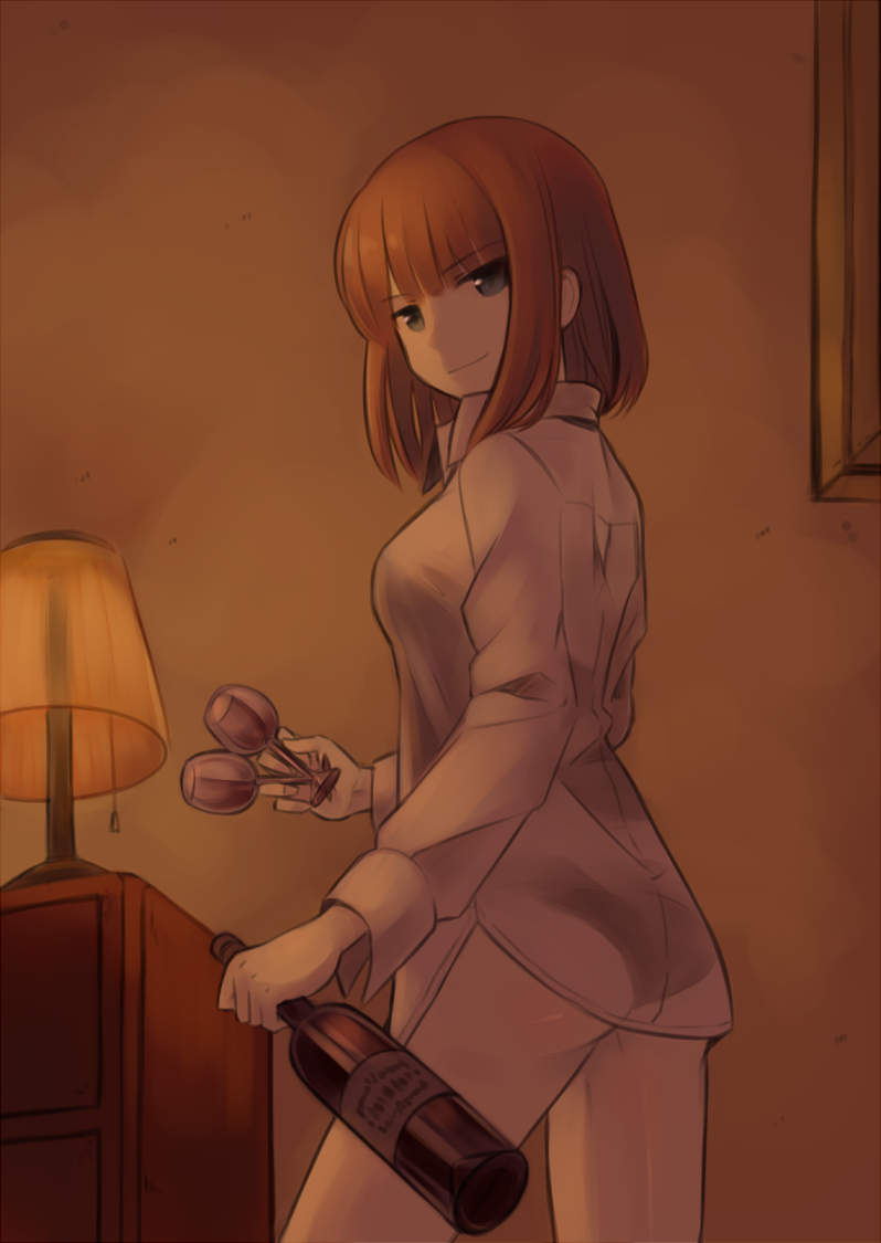 ass, blue_eyes, bottomless, brown_hair, dress_shirt, glass, gundula_rall, kinosaki_(green_patio)