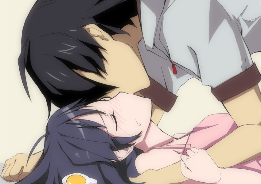 1girl, araragi_karen, araragi_koyomi, black_hair, brother_and_sister, closed_eyes, fried_egg, hair_ornament, incest, kiss, monogatari_(series), nisemonogatari, pink_shirt, siblings, side_ponytail, straight, tatukanezumi