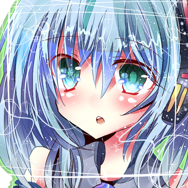 :o, bare_shoulders, blue_hair, green_eyes, hatsune_miku, headphones, potten, solo