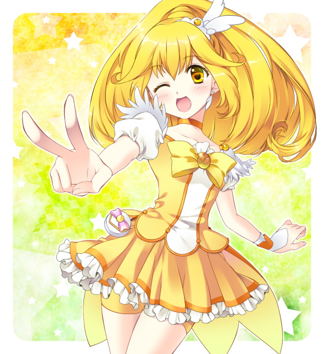 ;d, awayuki_ramika, bike_shorts, blonde_hair, choker, cure_peace, dress, earrings, hair_ornament, hairpin, jewelry, kise_yayoi, magical_girl, open_mouth, ponytail, precure, shorts_under_skirt, skirt, smile, smile_precure!, solo, v, wink, wrist_cuffs, yellow, yellow_background, yellow_dress, yellow_eyes