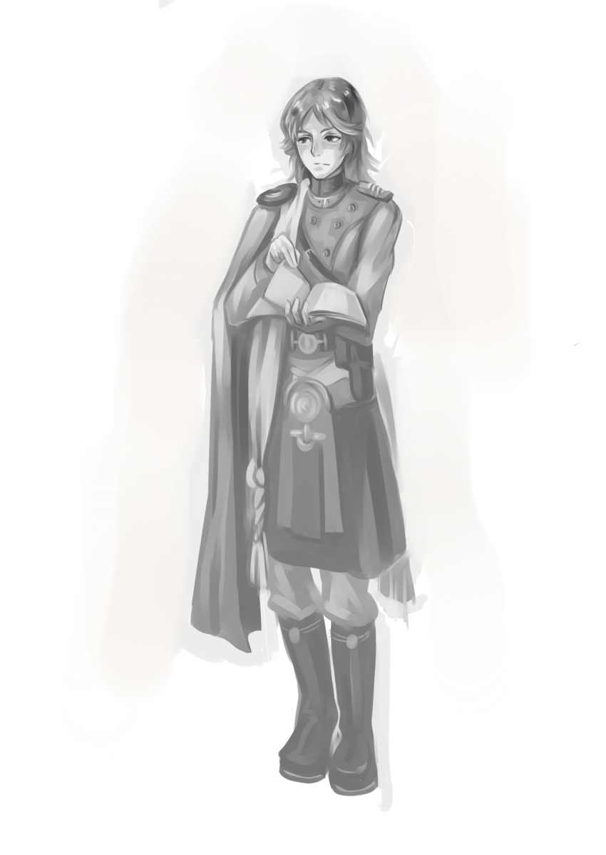 artist_request, boots, cape, frown, gloves, highres, last_exile, last_exile:_ginyoku_no_fam, long_hair, monochrome, solo, sorush, tassel, uniform, xiamianliele