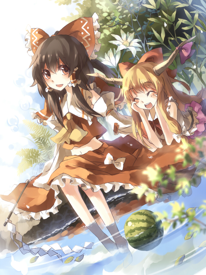 ^_^, asuka_(louyun), barefoot, black_hair, bow, brown_eyes, closed_eyes, detached_sleeves