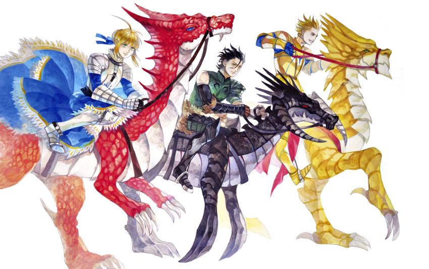 2boys, adapted_costume, ahoge, armor, armored_dress, bad_id, black_hair, blonde_hair, breadmonster, dragon, dress, earrings, fate/zero, fate_(series), gauntlets, gilgamesh, green_eyes, hair_ribbon, highres, jewelry, lancer_(fate/zero), multiple_boys, red_eyes, ribbon, riding, saber, yellow_eyes