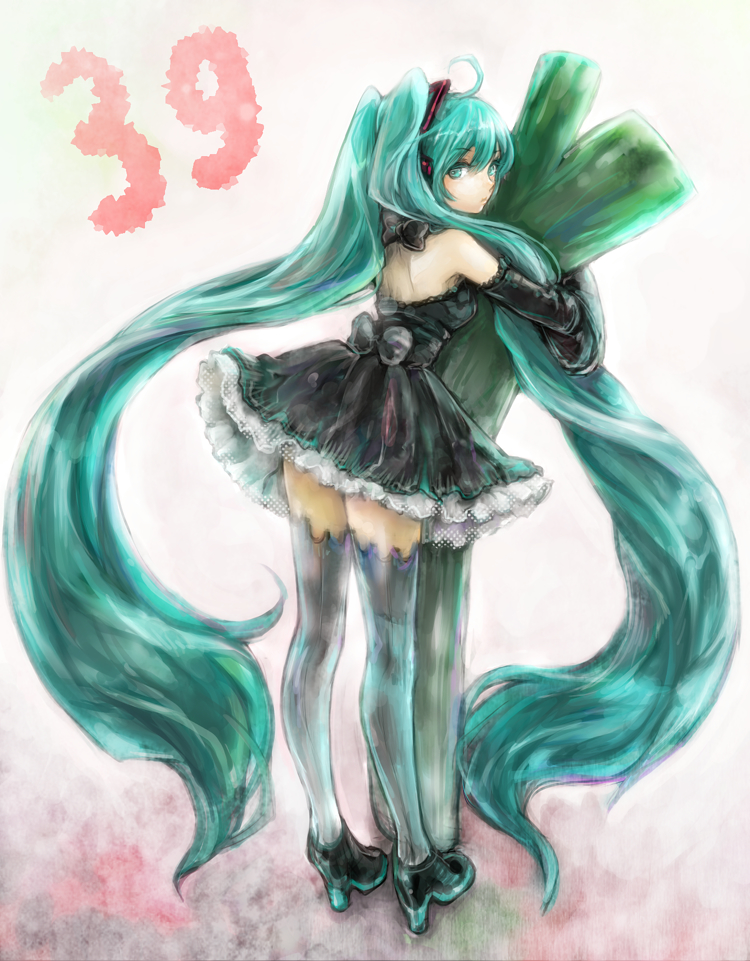 ahoge, aqua_eyes, aqua_hair, detached_sleeves, dress, hatsune_miku, high_heels, kedama_black