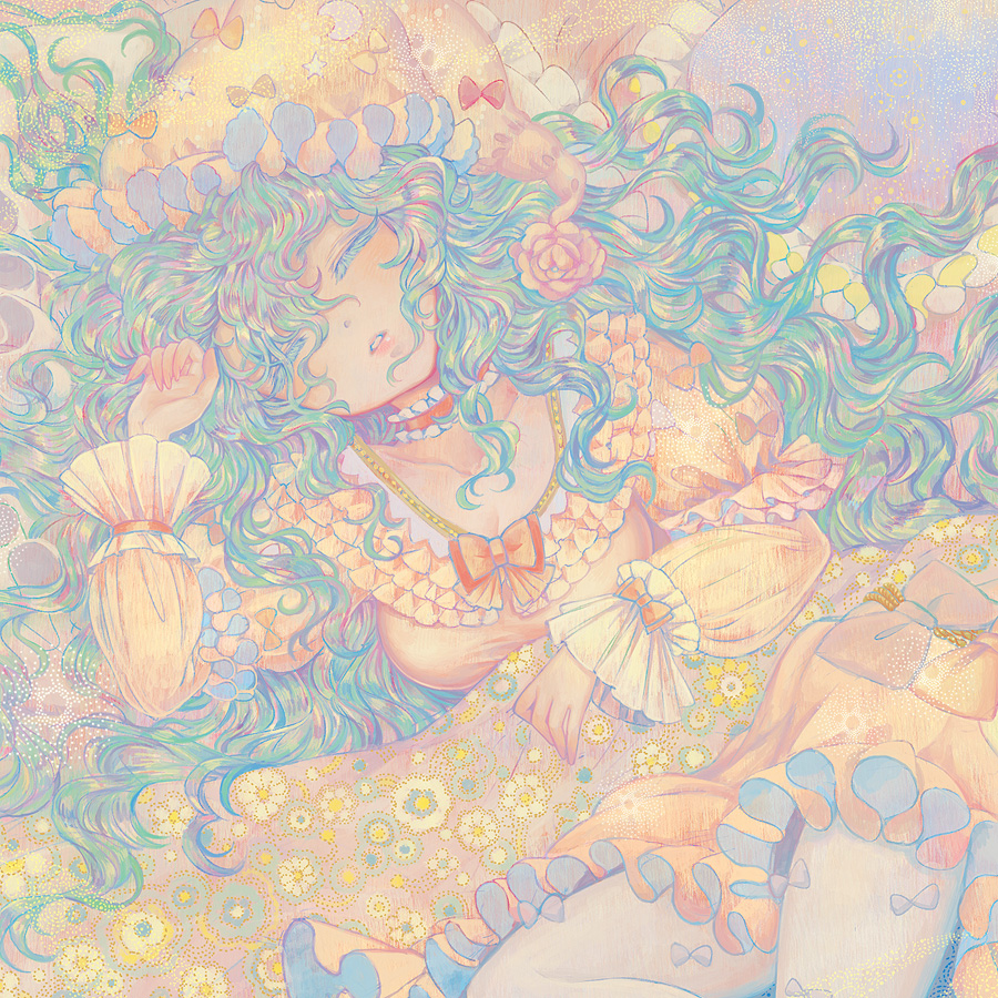 bow, closed_eyes, dress, green_hair, kazami_yuuka, kazami_yuuka_(pc-98), long_hair, lying