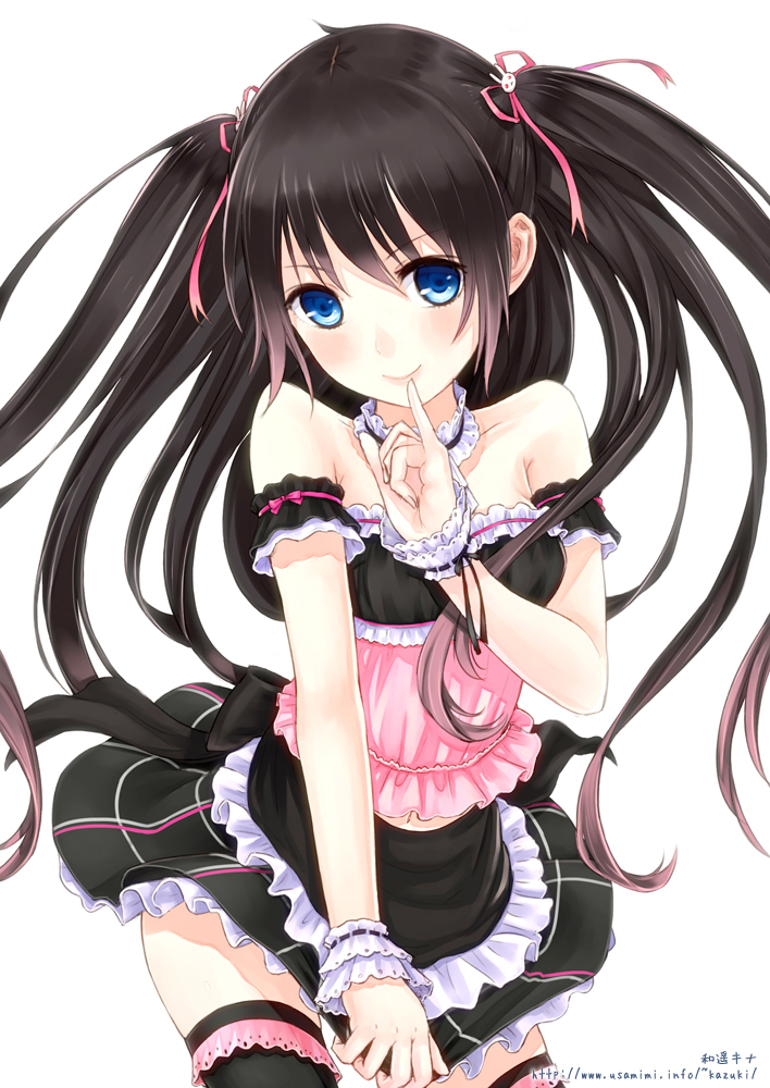 bare_shoulders, blush, denpa_(kazuharu), finger_to_mouth, frills, kazuharu_kina, original, solo