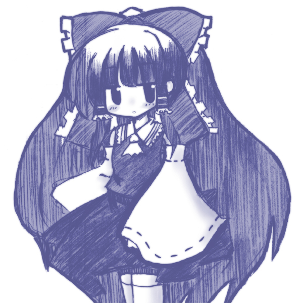 bow, detached_sleeves, hair_bow, hair_tubes, hakurei_reimu, hino_kuu, long_hair, miko, monochrome, solo, touhou, very_long_hair