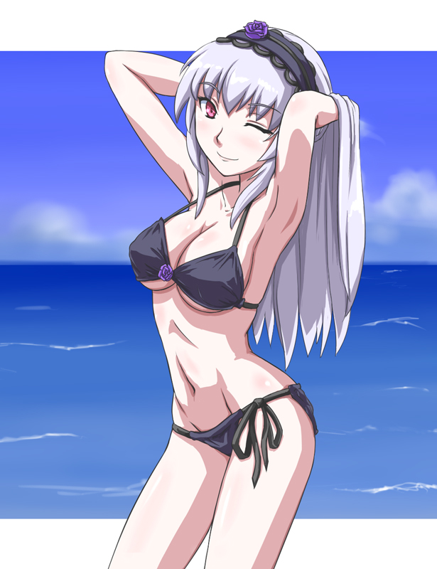 hairband, kurai_(cry), long_hair, red_eyes, rozen_maiden, silver_hair, suigintou, swimsuit