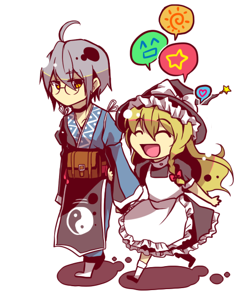 1girl, :d, ^_^, ahoge, blonde_hair, bow, braid, closed_eyes, dress, eyes_closed, glasses, hair_bow, hat, hat_bow, japanese_clothes, kimono, kirisame_marisa, morichika_rinnosuke, open_mouth, sakakima, silver_hair, single_braid, smile, speech_bubble, star, touhou, transparent_background, walking, witch, witch_hat, yellow_eyes, yin_yang