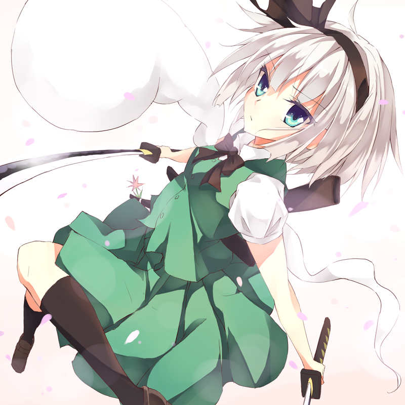 black_legwear, blue_eyes, bow, dual_wielding, hairband, hitodama, kneehighs, konpaku_youmu