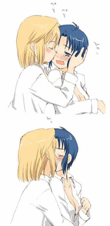 arcueid_brunestud, blonde_hair, blue_eyes, blue_hair, blush, breasts, ciel, cleavage, closed_eyes, eyes_closed, kiss, multiple_girls, open_clothes, open_shirt, pikakoya, short_hair, tears, tsukihime, yuri
