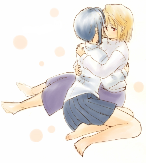 arcueid_brunestud, barefoot, blonde_hair, blue_hair, ciel, hug, long_skirt, multiple_girls, pikakoya, pleated_skirt, red_eyes, shirt, short_hair, skirt, tsukihime, turtleneck, yuri