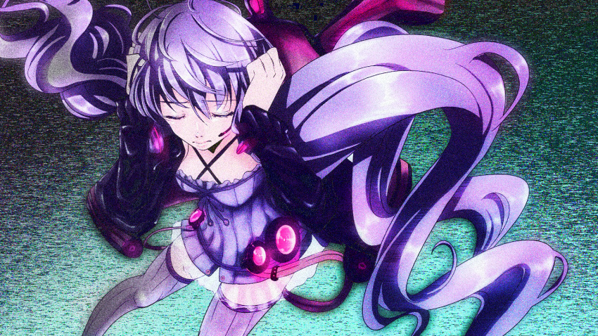 closed_eyes, dress, eyes_closed, hand_on_head, headset, highres, jacket, long_hair