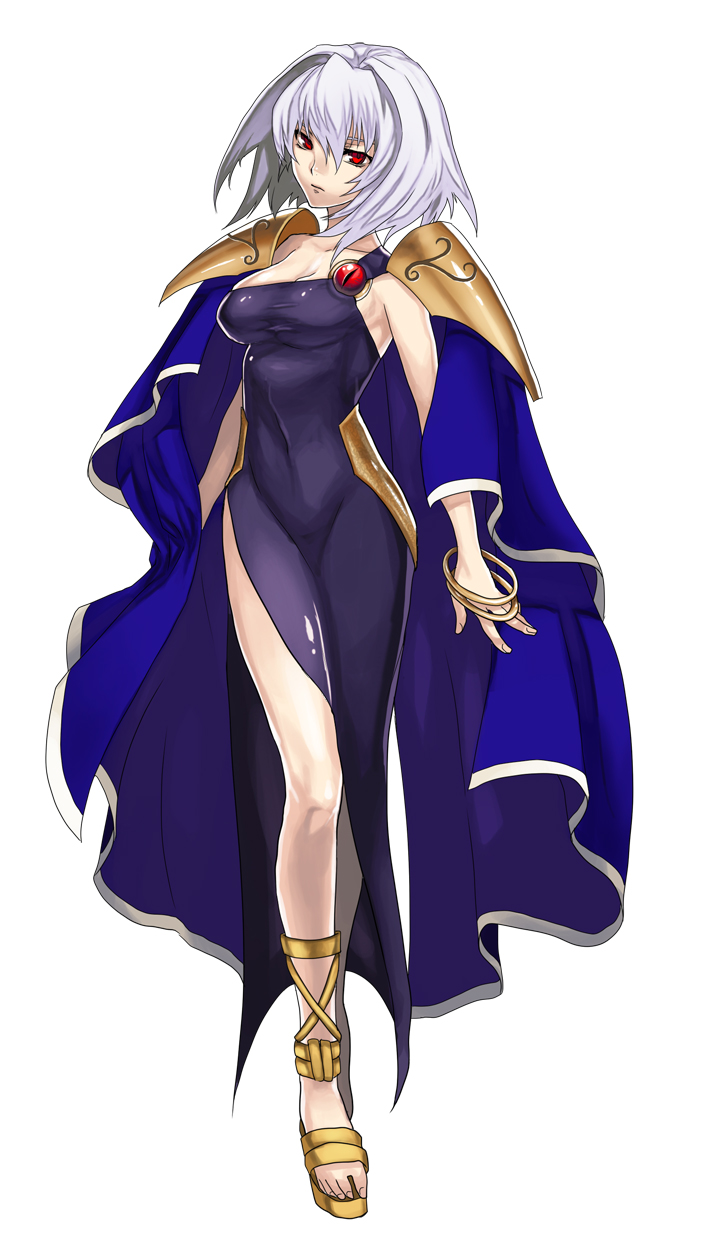 albino, black_dress, bracelet, breasts, cape, dress, expressionless, highres, idea_factory, jewelry, legs, long_legs, mayura_(spectral_force), ozaki_c, pauldrons, red_eyes, sandals, short_hair, side_slit, solo, spectral_(series), spectral_force, thighs, white_background, white_hair