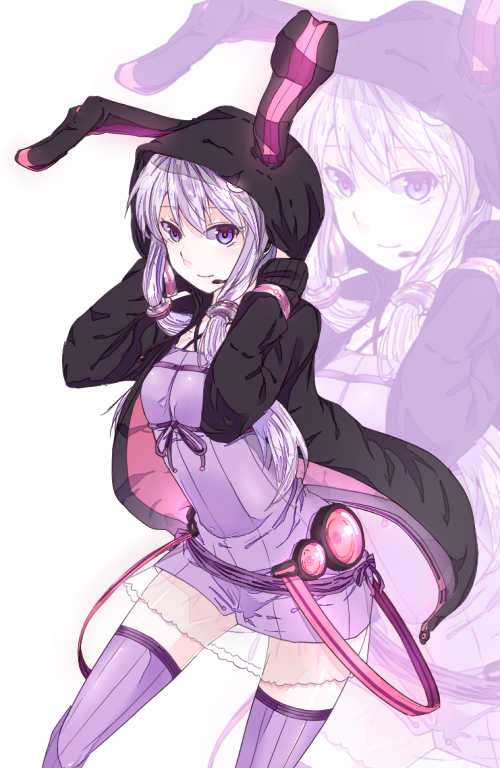 animal_ears, belt, chinotora, dress, flat_chest, headset, hoodie, jacket, long_hair, purple_eyes, purple_hair, purple_legwear, ribbon, smile, solo, takatora_chino, thigh-highs, thighhighs, twintails, violet_eyes, vocaloid, yuzuki_yukari