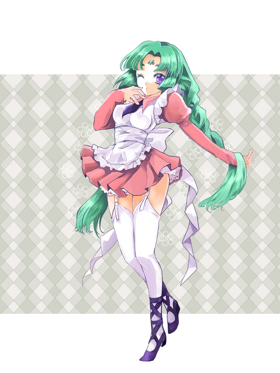 apron, argyle, argyle_background, braid, canal_vorfeed, dress, facial_mark, forehead_mark, green_hair, grey_background, highres, long_hair, lost_universe, necktie, pink_dress, puffy_sleeves, purple_eyes, shoes, shuu_(shu-nm), skirt, solo, thigh-highs, thigh_strap, thighhighs, twin_braids, twintails, very_long_hair, violet_eyes, white_legwear, wink
