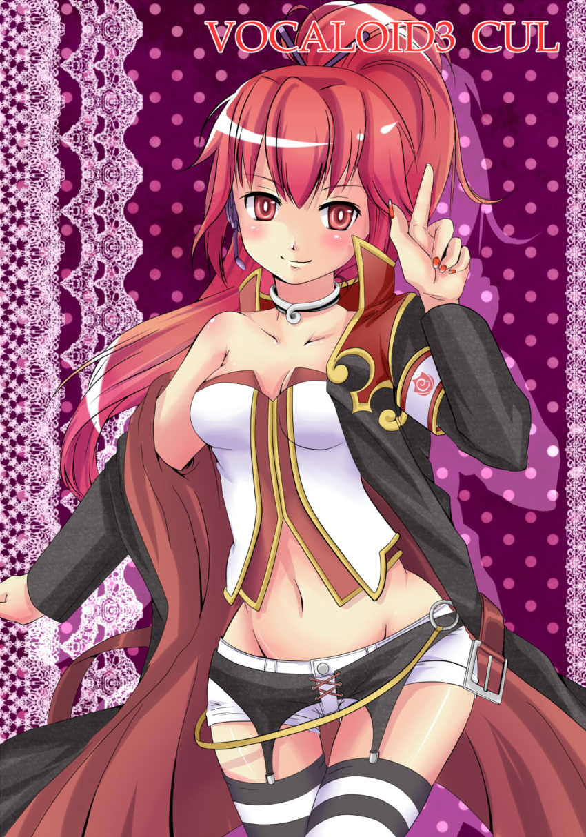 armband, blush, breasts, character_name, choker, cul, garter_belt, headset
