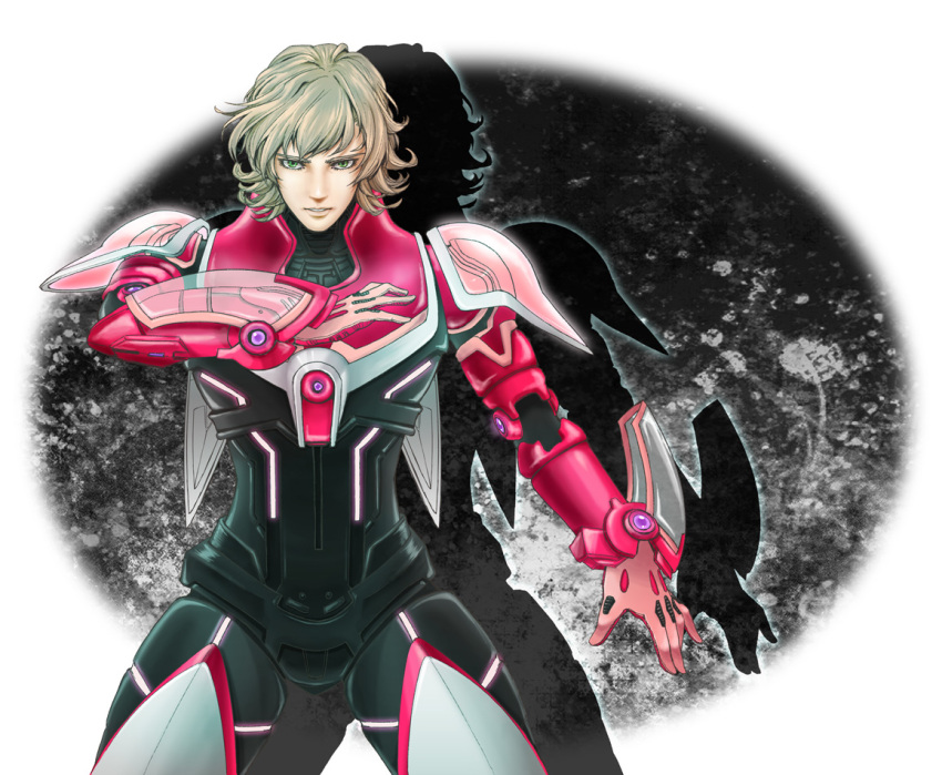 barnaby_brooks_jr, blonde_hair, green_eyes, kkkrrrooo, male, neon_trim, posing, power_armor, power_suit, realistic, shadow, solo, superhero, tiger_&amp;_bunny