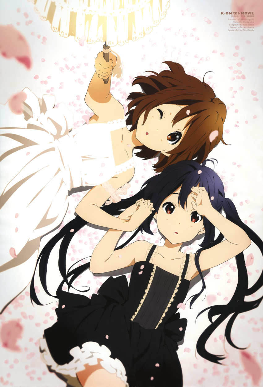 :o, absurdres, arm_up, bare_shoulders, black_dress, black_hair, brown_eyes, brown_hair
