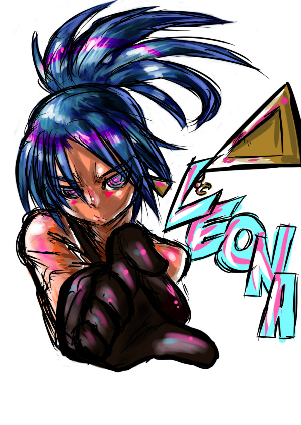 bare_shoulders, blue_eyes, blue_hair, character_name, earrings, foreshortening, jewelry, king_of_fighters, leona_heidern, long_hair, ponytail, snk, solo, tank_top, yigai
