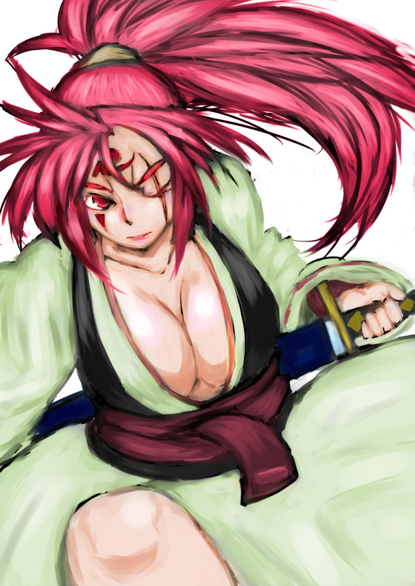 baiken, breasts, cleavage, facial_tattoo, guilty_gear, japanese_clothes, katana, kimono, large_breasts, long_hair, obi, one-eyed, pink_hair, red_eyes, scabbard, scar, sheath, solo, sword, tattoo, unsheathing, weapon, yigai
