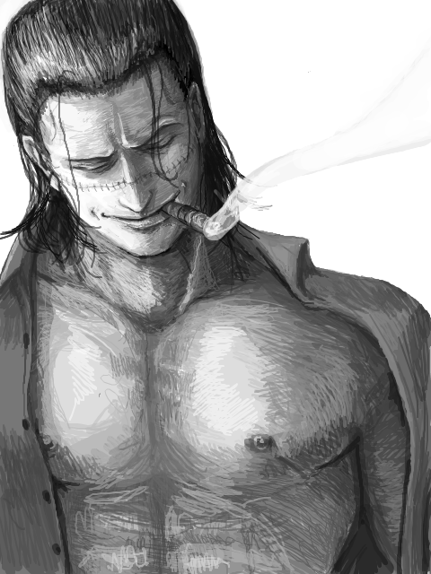 artist_request, black_hair, cigar, closed_eyes, eyes_closed, hair_slicked_back, male, monochrome, muscle, oekaki, one_piece, open_clothes, open_shirt, piercing, scar, sir_crocodile, slicked_back_hair, smile, smoking, solo, undressing