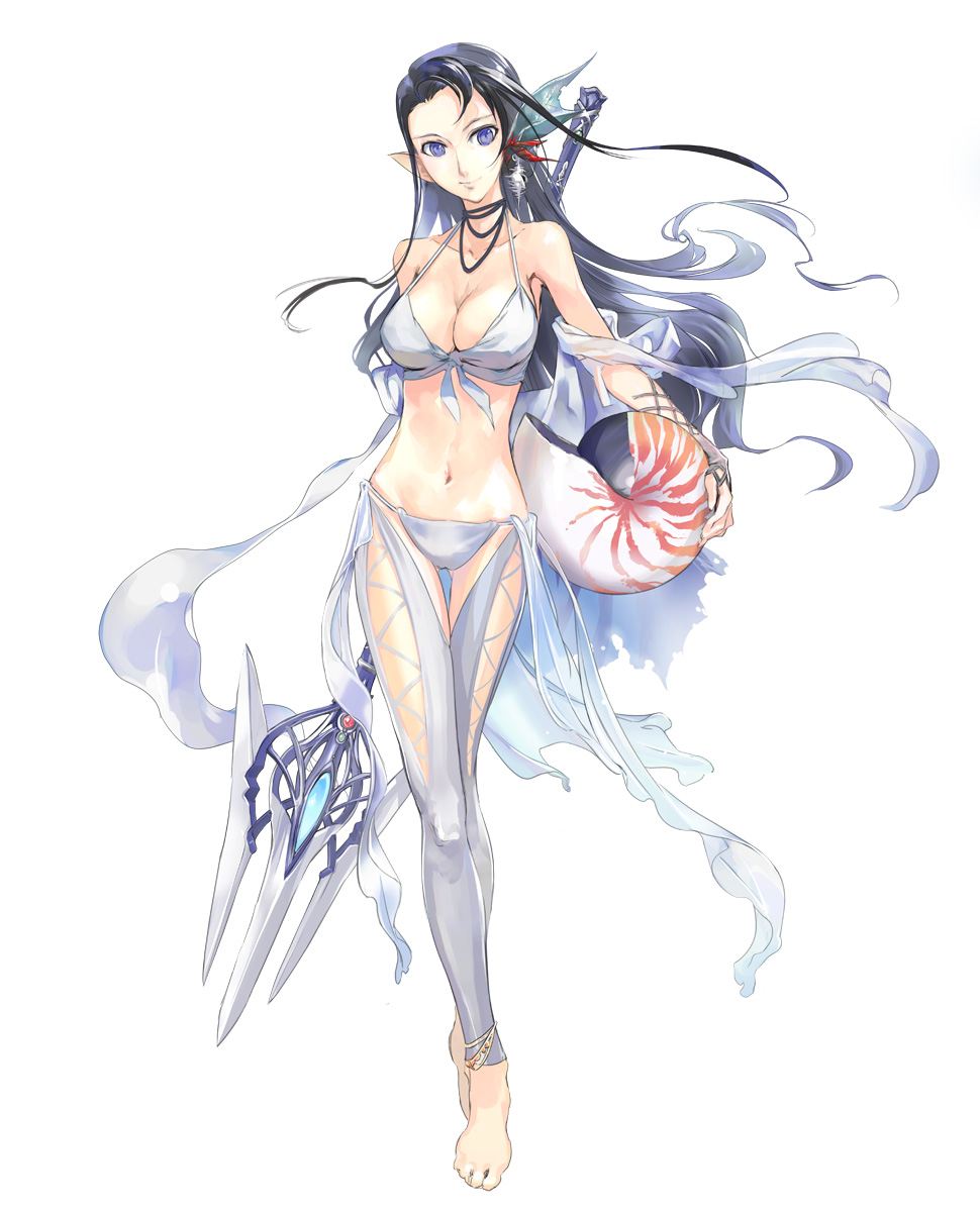 barefoot, bikini, breasts, cleavage, copyright_request, front-tie_top, highres, jewelry, large_breasts, legs, long_legs, nautilus_(animal), navel, pointy_ears, polearm, shell, smile, swimsuit, thigh_gap, thighs, toeless_legwear, weapon, zeco