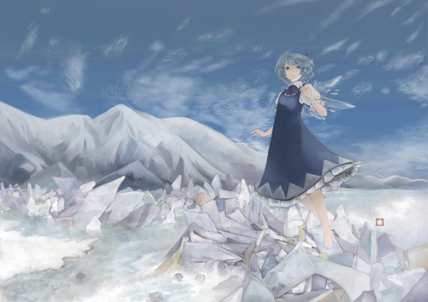 ascot, barefoot, blue_dress, blue_eyes, blue_hair, cirno, dress, ice