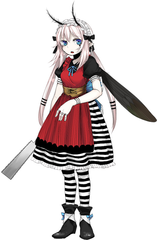antennae, blue_eyes, bow, corset, dress, fang, fingerless_gloves, gloves, holding, insect_wings, long_hair, maid, maid_headdress, messier_number, original, pantyhose, pink_hair, saw, simple_background, solo, striped, striped_dress, striped_legwear, twintails, vampire, white_background, white_skin, wings
