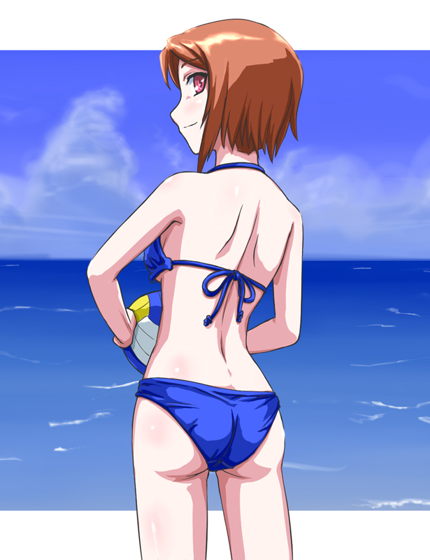 back, bare_back, bikini, brown_hair, kurai_(cry), looking_back, red_eyes, rozen_maiden