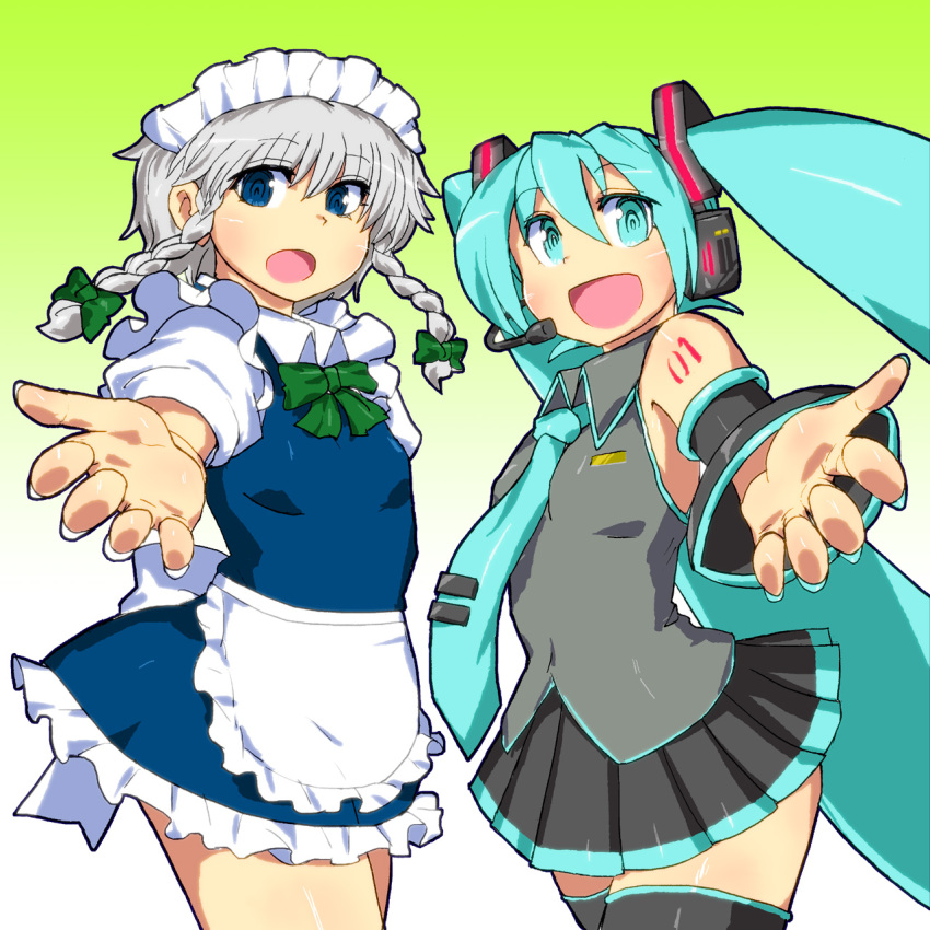 apron, aqua_eyes, aqua_hair, blue_eyes, bow, detached_sleeves, dress, gomi_ichigo