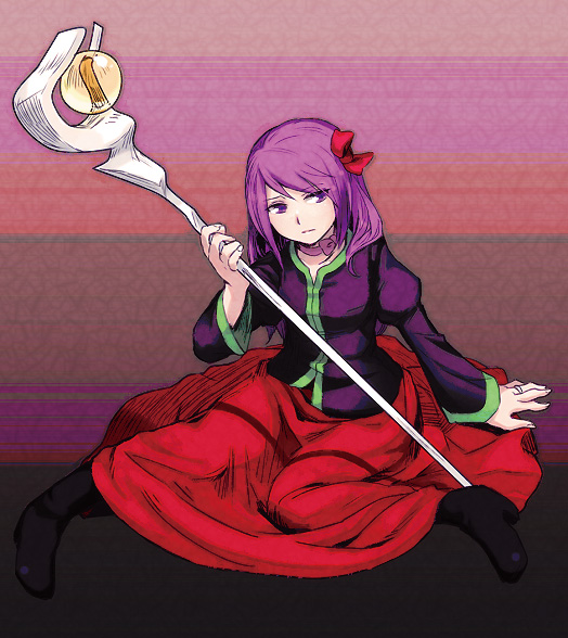boots, bow, character_request, dress, hair_bow, holding, jewelry, long_hair