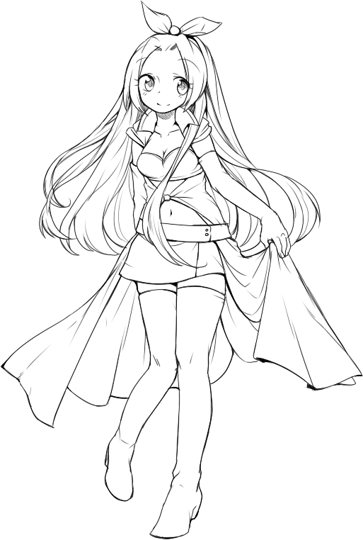 boots, bow, breasts, character_request, cleavage, greyscale, hair_bow, long_hair
