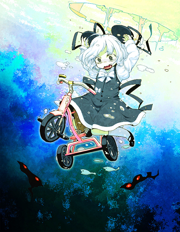 bowtie, bubble, cotton_blanket_(game), dress, fish, footwear, laughing_warawa, messier_number, open_mouth, silver_eyes, socks, solo, tears, tricycle, underwater, warawa, white_hair