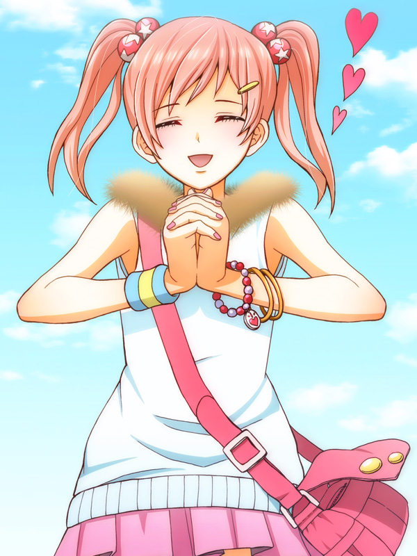 bag, blush, bracelet, closed_eyes, eyes_closed, fur, hair_ornament, hairclip, hands_clasped, happy, heart, jewelry, matsu_(momogesan), nail_polish, open_mouth, original, red_hair, redhead, short_twintails, shoulder_bag, sky, solo, twintails