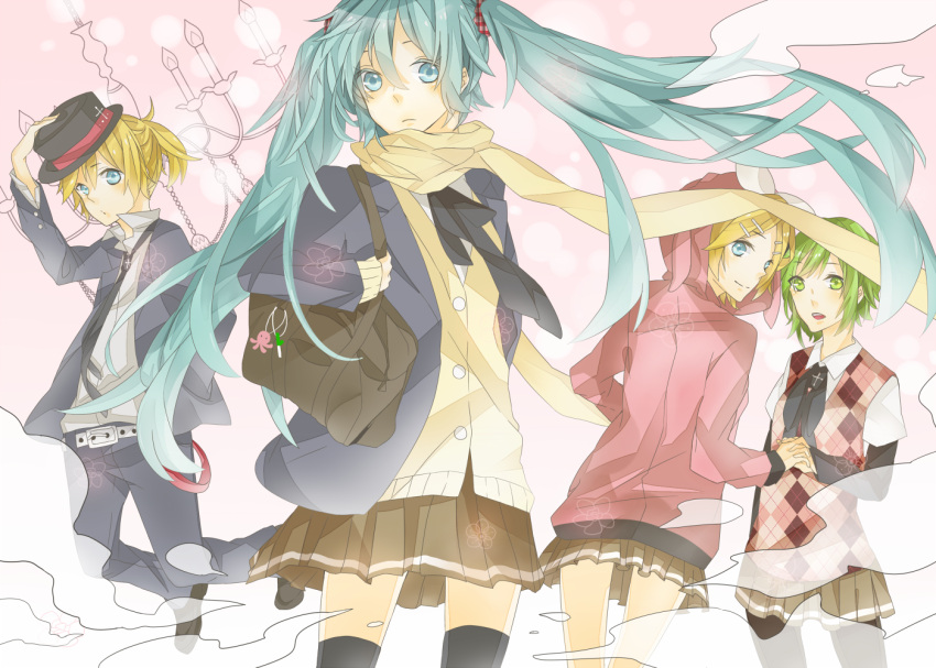 3girls, aoi_yuki, aqua_eyes, aqua_hair, bag, belt, blazer, blonde_hair