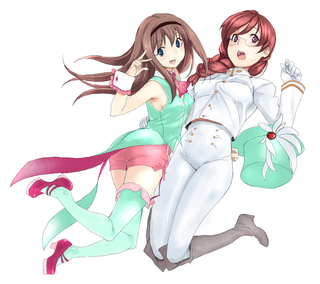 ass, blue_eyes, blush, boots, braid, brown_hair, cosplay, cousins, female, glasses, hat, headband, hug, incest, kirisato_itsuki, kitajima_kaede, kitajima_sara, macross, macross_frontier, macross_frontier:_sayonara_no_tsubasa, military, military_uniform, multiple_girls, necktie, parody, ponytail, ranka_lee, ranka_lee_(cosplay), red_eyes, red_hair, redhead, sheryl_nome, sheryl_nome_(cosplay), shoes, simple_background, sono_hanabira_ni_kuchizuke_wo, thigh-highs, thigh_boots, thighhighs, top_hat, uniform, yuri