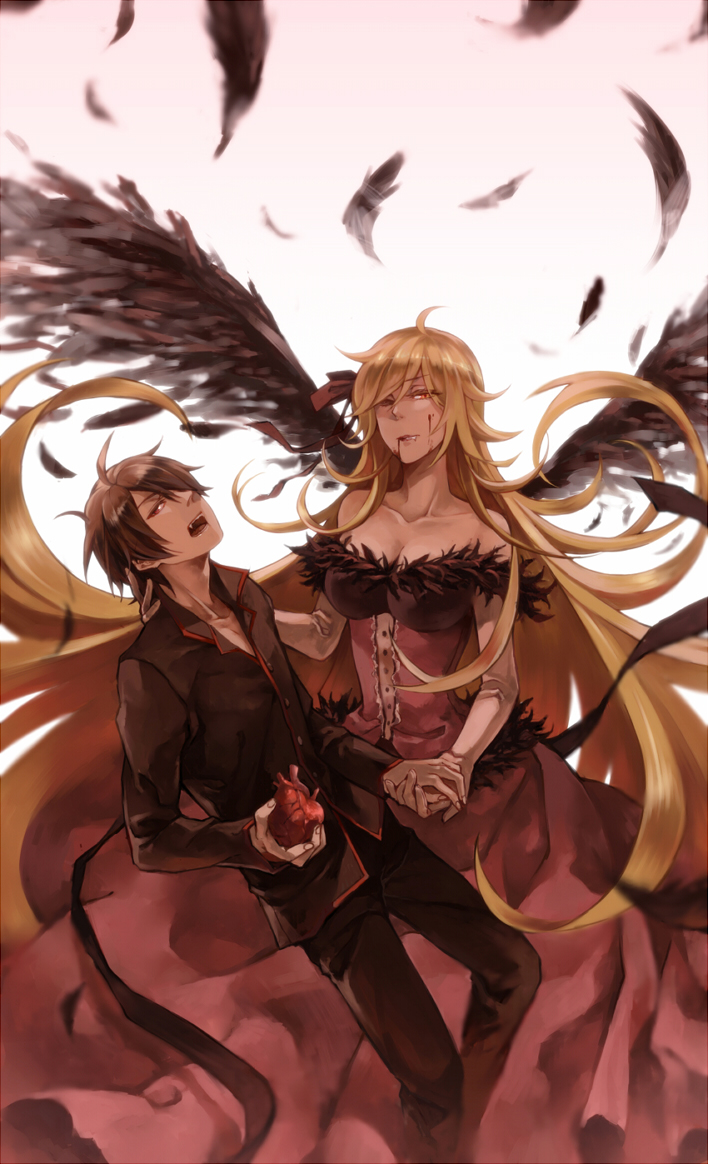 1girl, araragi_koyomi, bare_shoulders, black_wings, blonde_hair, blood, blood_on_face, blurry, breasts, cleavage, depth_of_field, dress, fangs, feathers, fur_trim, hair_over_one_eye, hand_holding, heart_(organ), holding_hands, kissshot_acerolaorion_heartunderblade, kizumonogatari, long_hair, monogatari_(series), red_eyes, sleepy69, very_long_hair, wings