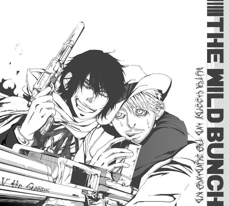 arm_around_neck, black_hair, butch_cassidy, character_name, drifters, english, facial_hair, formal, gatling_gun, gun, hair_between_eyes, hat, messy_hair, monochrome, multiple_boys, poncho, revolver, short_hair, suit, sundance_kid, sweat, the_sundance_kid, tofana, weapon