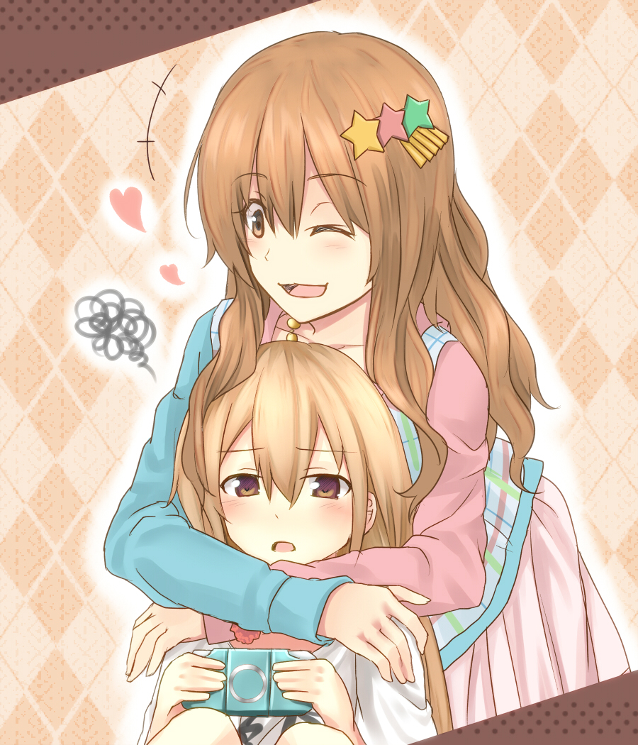 bad_id, blonde_hair, brown_eyes, brown_hair, clothes_writing, dress, futaba_anzu, hair_ornament