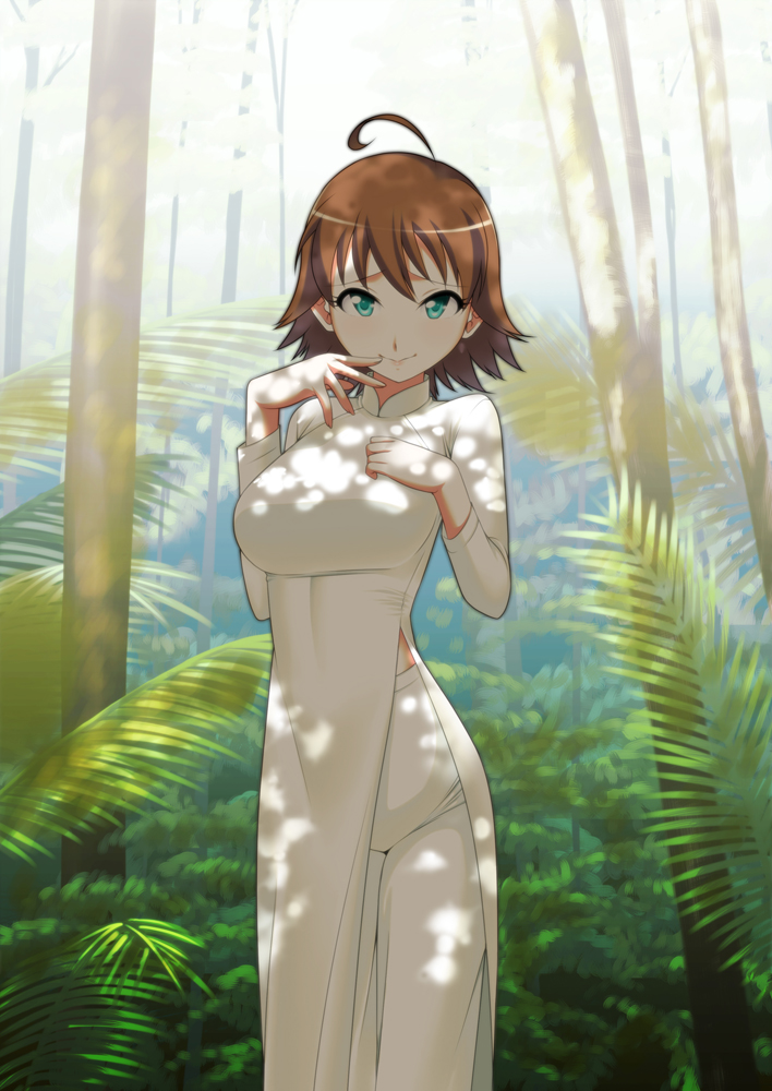 ahoge, awakened_miki, breasts, brown_hair, chinesse_clothes, finger_to_mouth, green_eyes, hoshii_miki