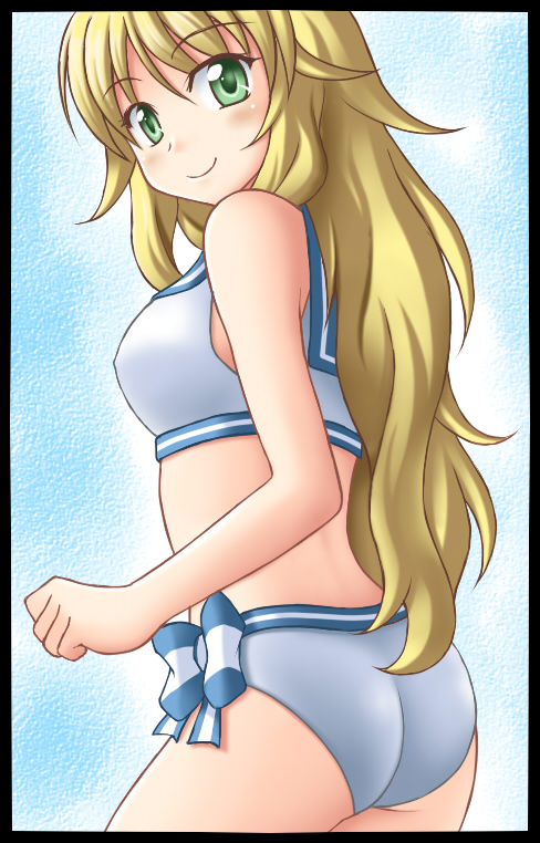 1girl, ass, bare_shoulders, bikini, blonde_hair, bow, breasts, from_behind