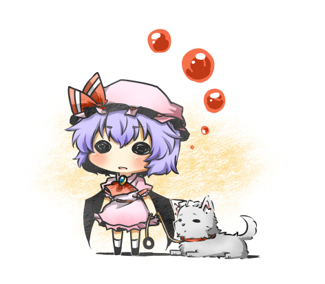 animalization, ascot, bat_wings, blue_hair, blush, brooch, chibi, collar, dog, hat, hat_ribbon, izayoi_sakuya, izayoi_sakuya_(dog), jewelry, leash, lowres, maid_headdress, purple_hair, rebecca_(keinelove), remilia_scarlet, ribbon, shirt, short_hair, skirt, skirt_set, solid_circle_eyes, solo, touhou, wings