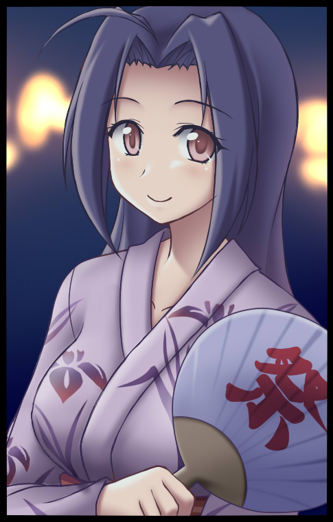 ahoge, breasts, brown_eyes, fan, idolmaster, japanese_clothes, kimono, large_breasts