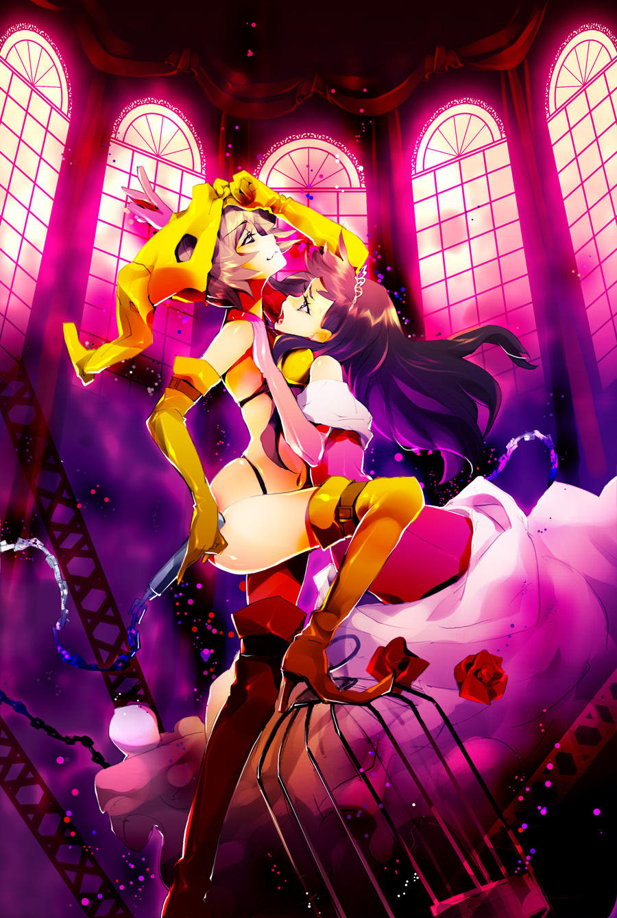 amagi_yukiko, black_hair, boots, brown_hair, chain, chains, dark_persona, elbow_gloves