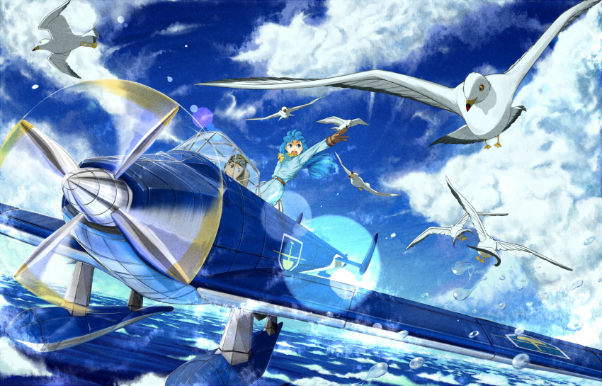 1girl, :o, airplane, bird, blue_eyes, blue_hair, brown_eyes, charles_karino