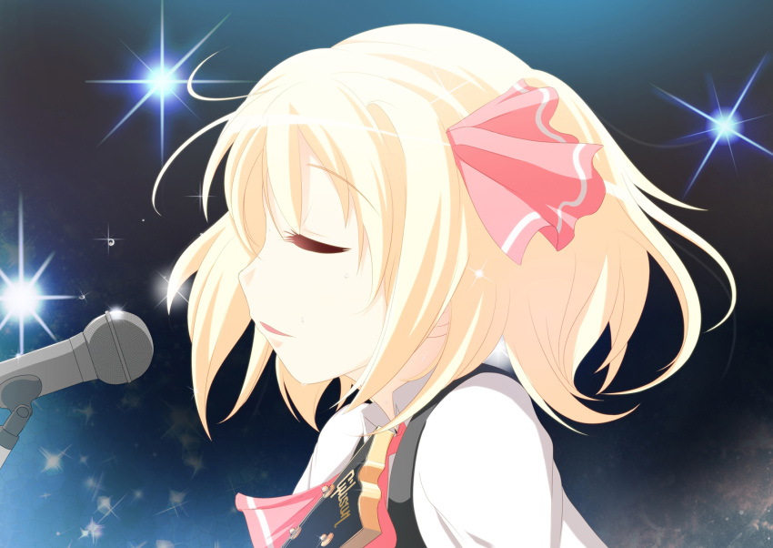blonde_hair, guitar, hair_ribbon, instrument, koji_(kohei66), microphone, profile, ribbon, rumia, short_hair, singing, solo, the_embodiment_of_scarlet_devil, touhou, youkai