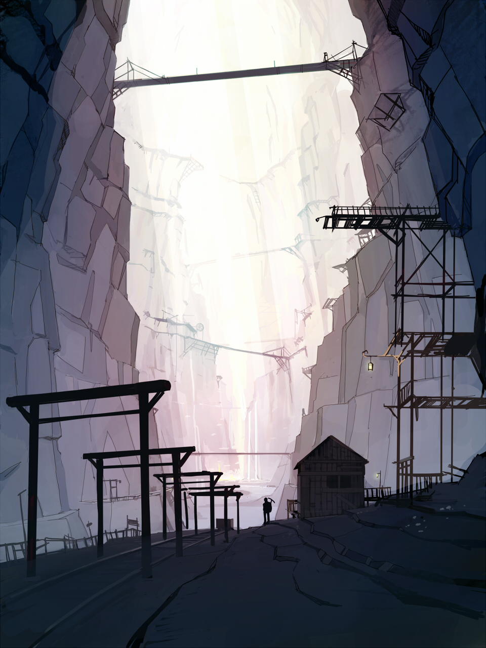 bridge, building, highres, lamp, male, minecraft, miner, original, railroad_tracks, scenery, seo_tatsuya, sketch, solo, valley